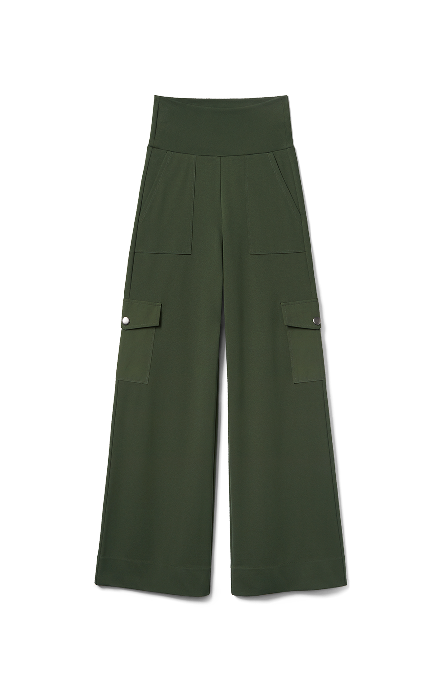 Green wide-leg pants with pockets on a white background