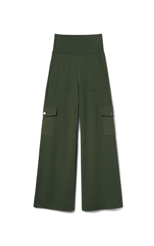 Green wide-leg pants with pockets on a white background